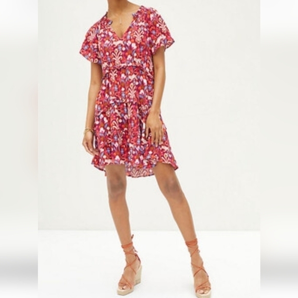 Anthropologie Robin Tiered Mini Dress Pink Ikat Flutter Sleeve Ruffle Size XS - Picture 5 of 14